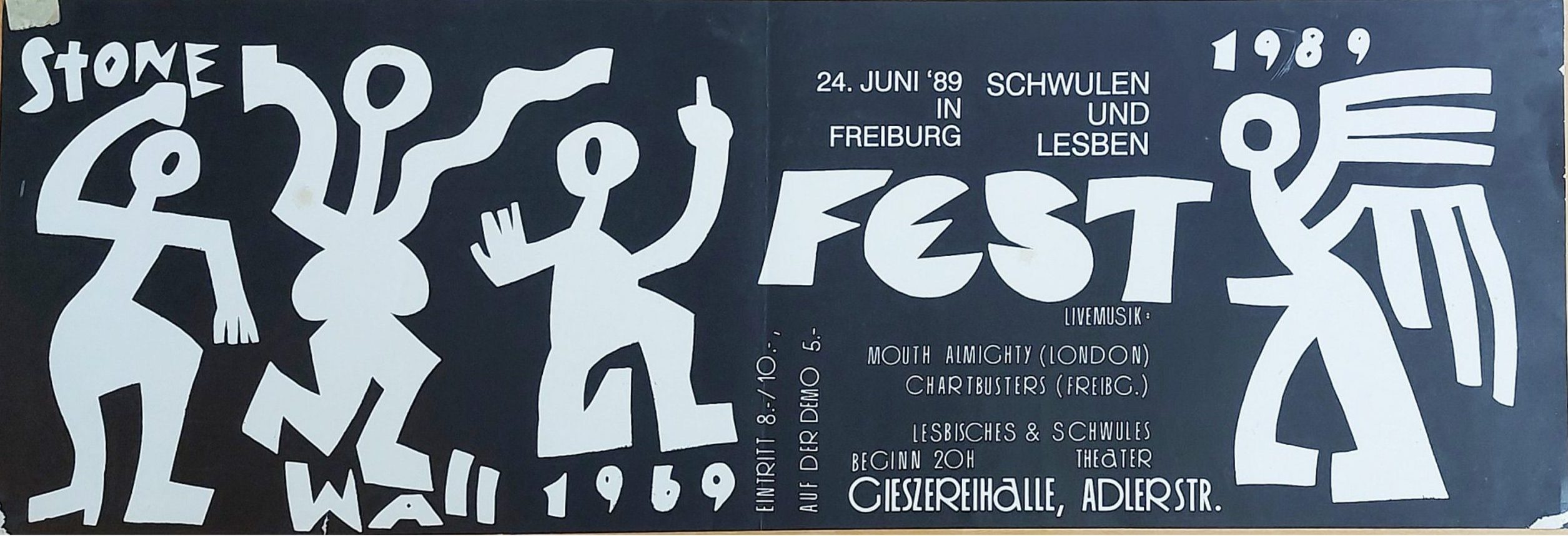 Plakat zur Afterparty CSD 89, schwarzer Hintergrund mit weißer Schrift und stilisierten Personen