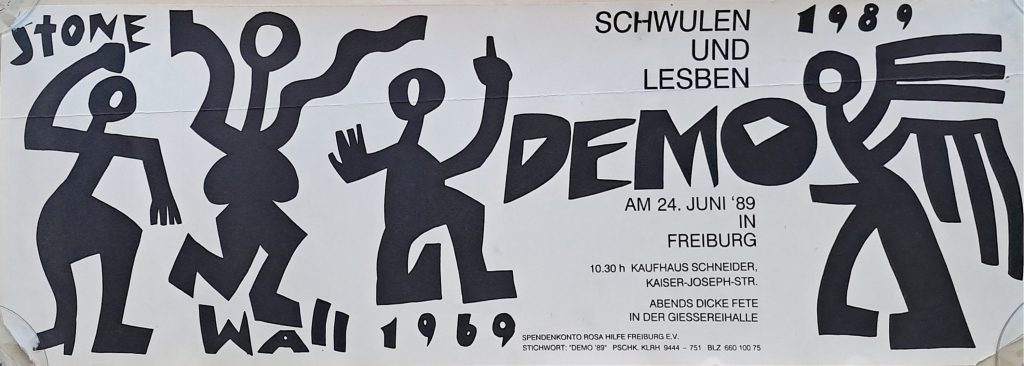Poster zum CSD 1989, in Schwarz weiß mit stark stilisierten tanzenden Figuren