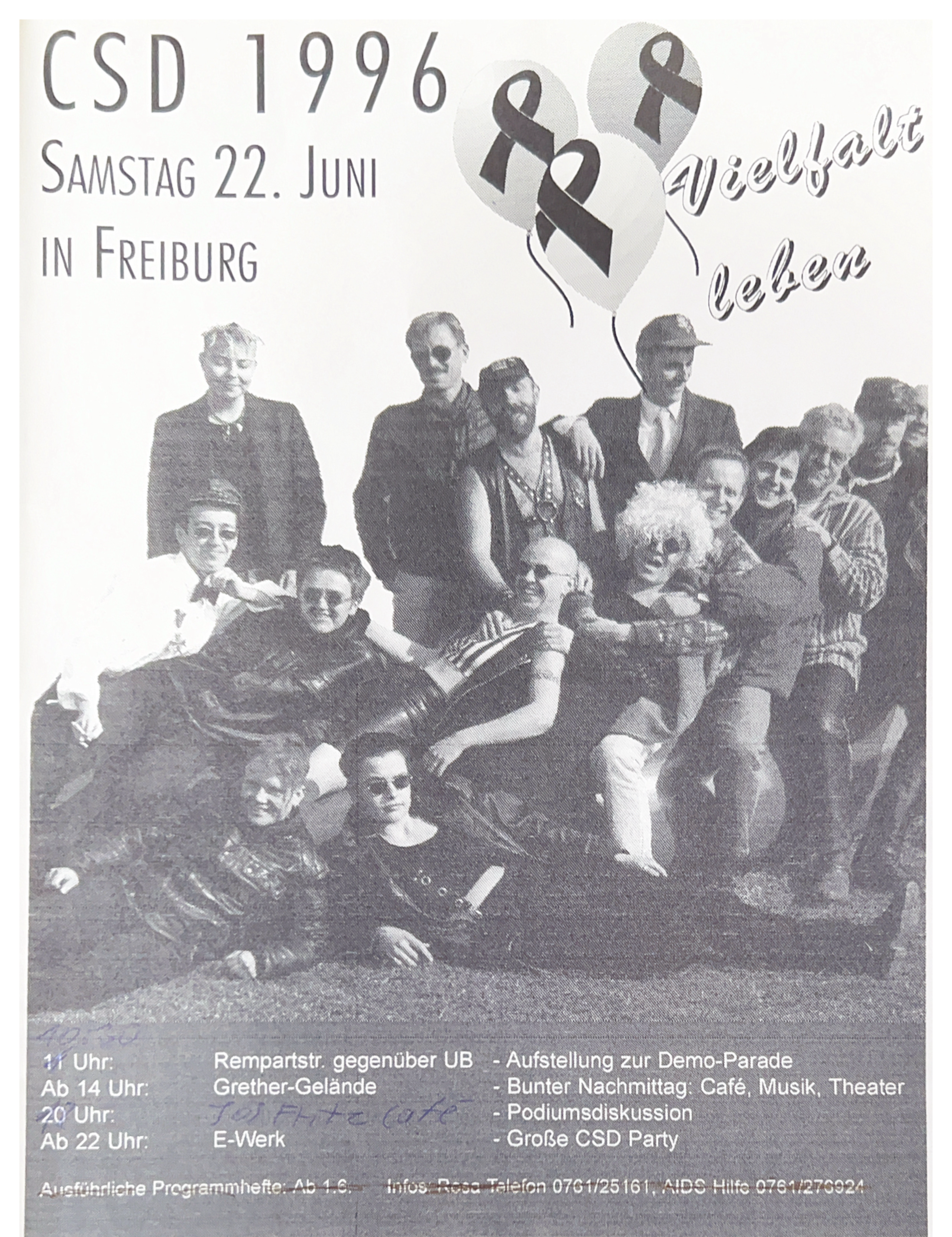 Schwarzweiß Flyer mit Informationen zum CSD 1996 mit dem Titel "Vielfalt leben"
