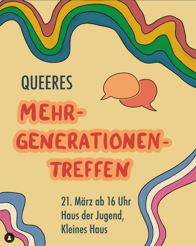 Flyer zum queeren Mehrgenerationentreffen, roter und blauer Text auf gelbem Hintergrund mit Regenbogenwellen an den Seiten