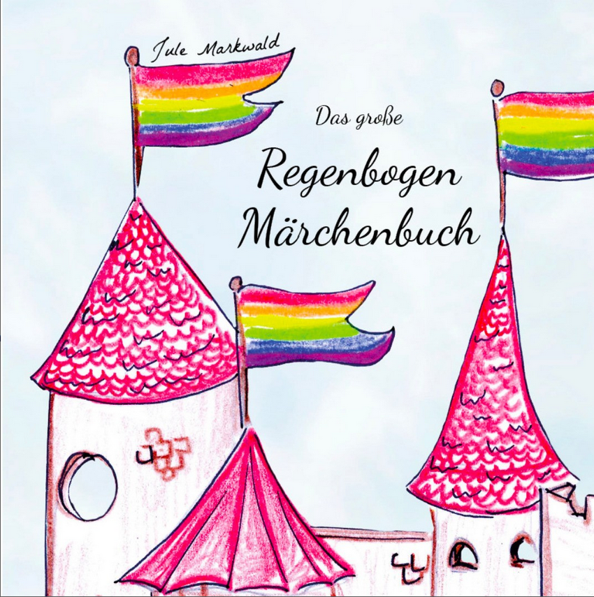 Zeichnung, zeigt ein Schloss mit pinken Dächern auf denen Regenbogenfahnen wehen