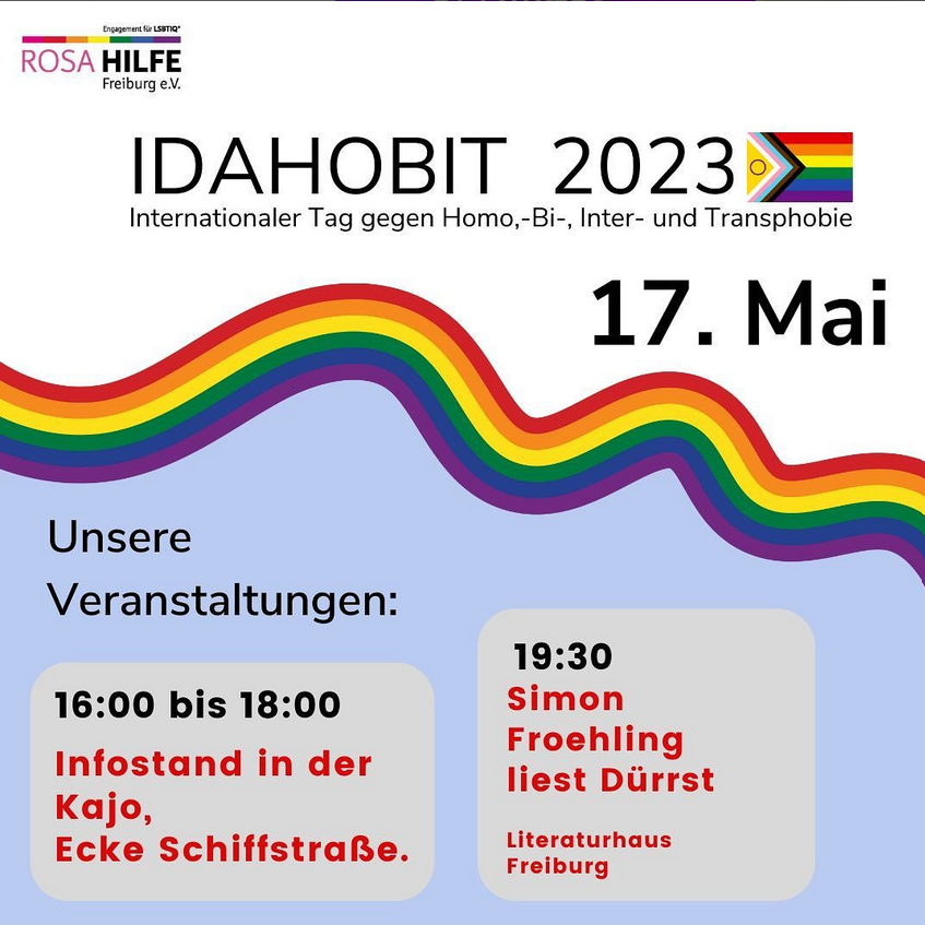 Beitragsbild Ankündigung IDAHOBIT Program, mit Regenbogen Design und Logo der Rosa Hilfe