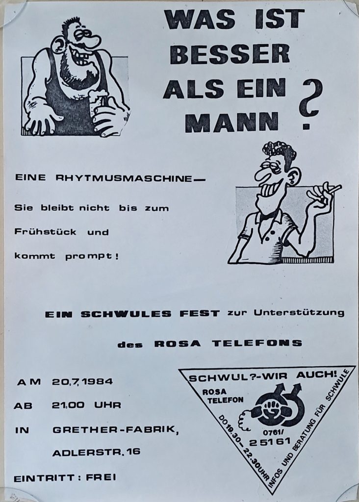 Poster zur Veranstaltung mit Logo des Rosa Telefons und zwei gezeichneten männlichen Figuren mit Bierglas und Zigarette in schwarz weiß, Text siehe Beitrag