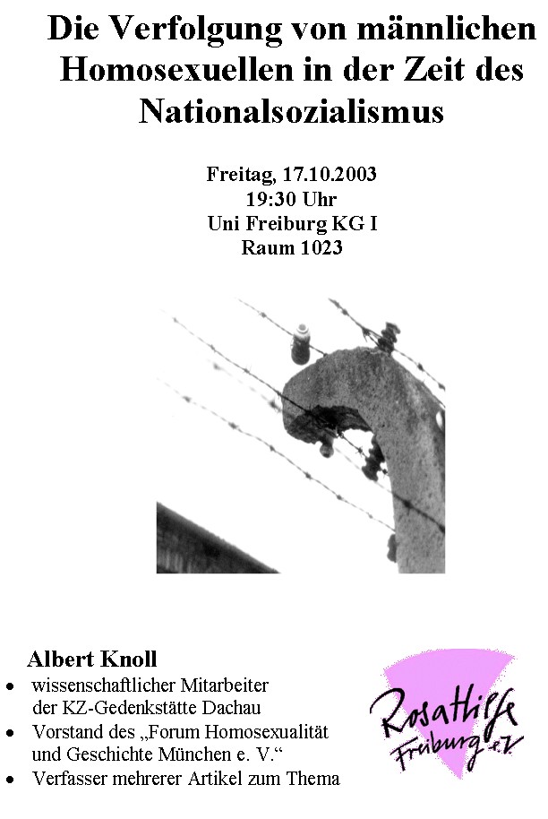 Anzeige zum Vortrag, zeigt ein Stück Lagerzaun und Logo der Rosa Hilfe, Text im Beitrag