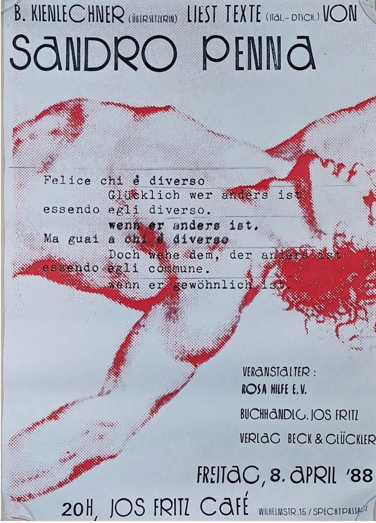 Poster zur Veranstaltung, zeigt Zeichung einer männlichen Figur mit nacktem Oberkörper, die sich über die Seite zurücklehnt in rot