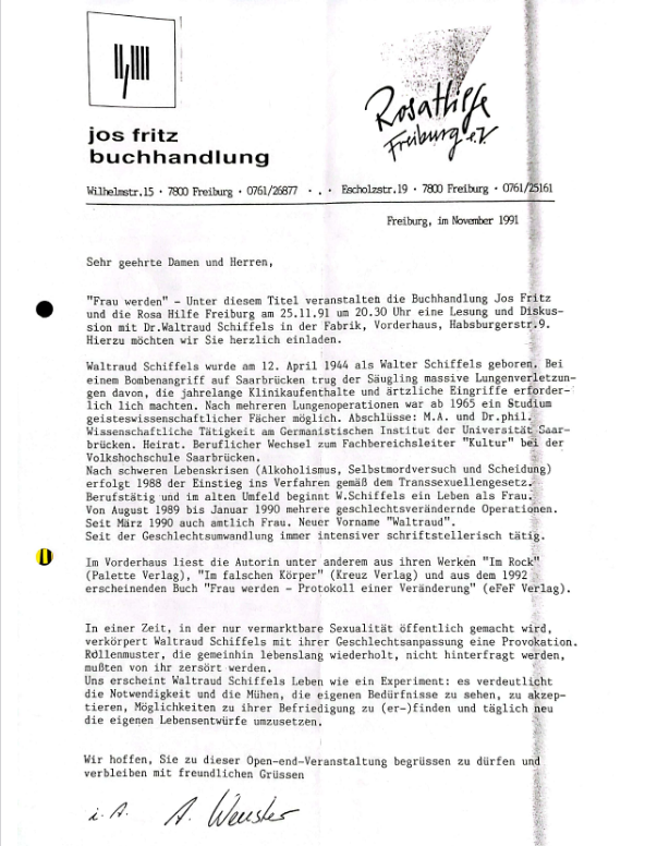 Ankündigung der Lesung, Logos der Buchhandlung Jos Fritz und der Rosa Hilfe am oberen Rand, Text ist schlicht und maschinengetippt
