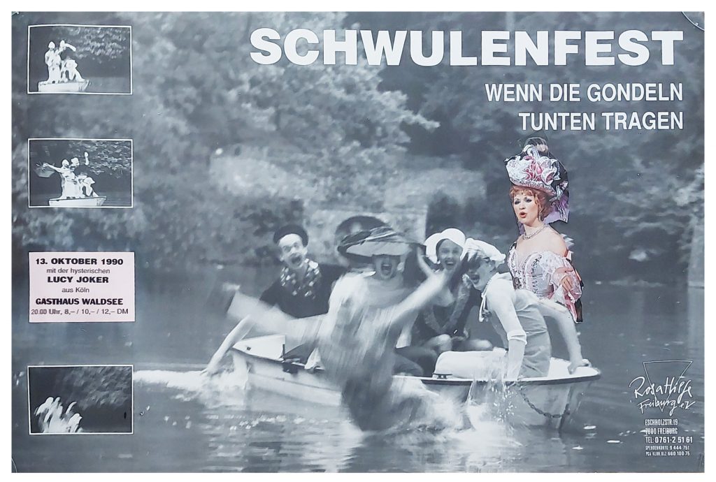 Foto vom Waldsee-Fotoshooting, wo die Person gerade aus dem Boot ins Wasser fällt, Lucy Joker wurde mit reingeklebt