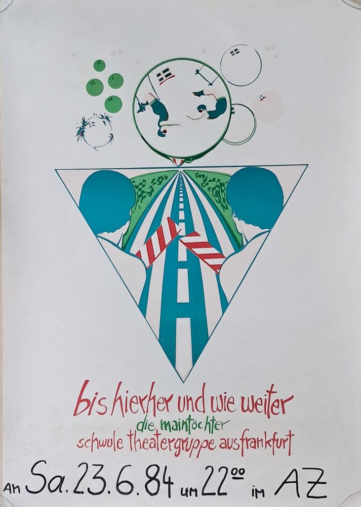 Veranstaltungsposter, zeigt ein auf der spitze stehendes Dreieck mit zwei Figuren (Torso) von hinten, schauen auf eine Straße, über dem Dreieck verschiedene Kreismotive. Text siehe Beitrag.