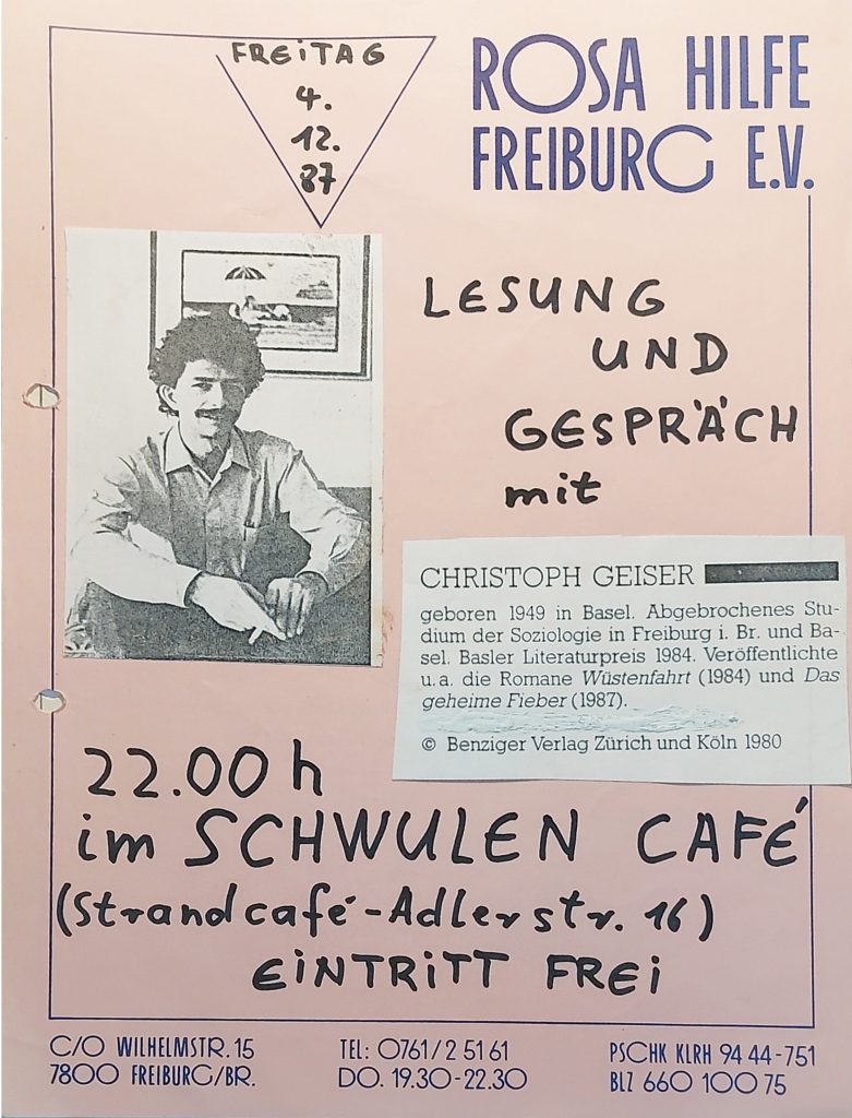 Ankündigungsplakat mit Foto des Autors, auf Briefpapier der Rosa Hilfe, zusammengeklebt und handschriftlich ergänzt, Text siehe Beitrag