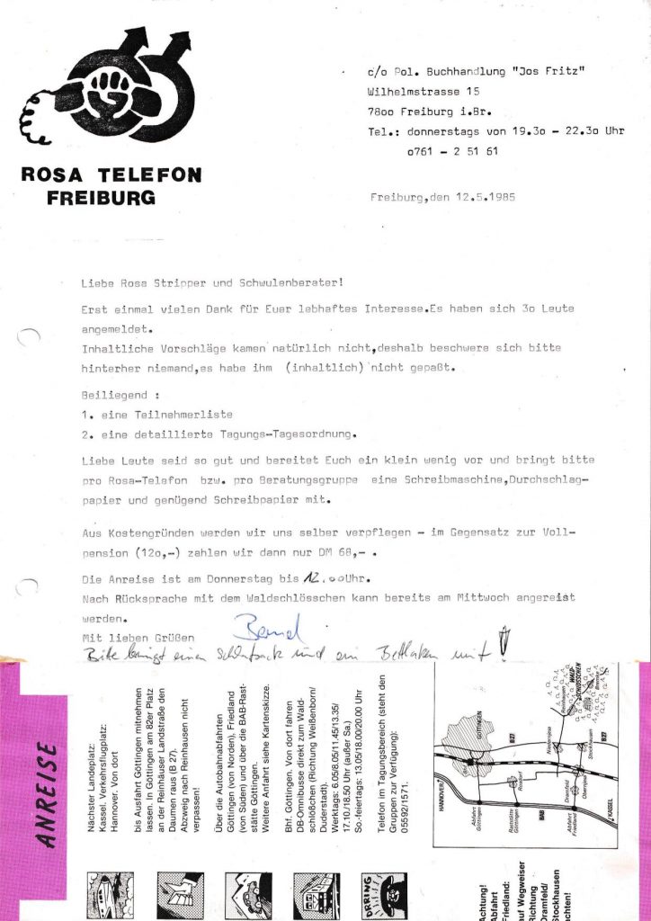 Maschinengeschriebener Brief mit Einladung zum Bundestreffen der Rosa Telefone, links oben: Logo des Rosa Telefons (Hand mit Hörer in zwei Männlichkeitssymbolen)