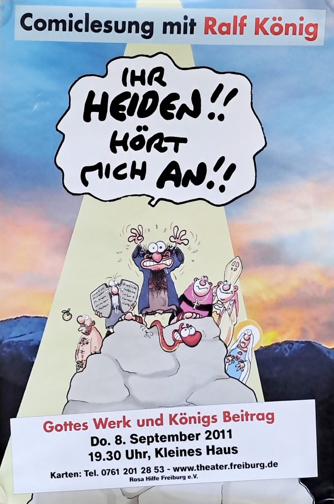 Veranstaltungsposter, zeigt verschiedene biblische Figuren in Königs Comicstil auf einem Berg (Moses, Adam, Maria, Schlange und einen Bischof und Priester, Text siehe Beitrag