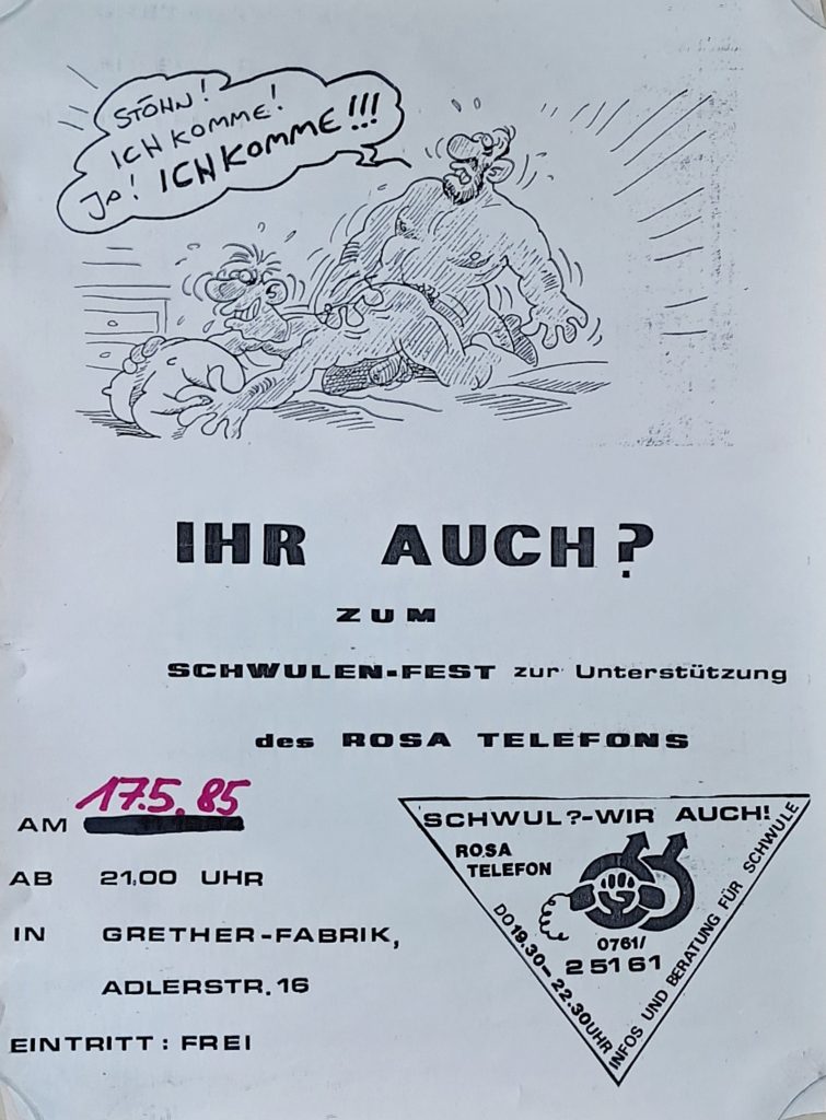 Plakat zeigt zwei männliche Cartoonfiguren beim Sex und Logo des Rosa Telefons, Text siehe Beitrag