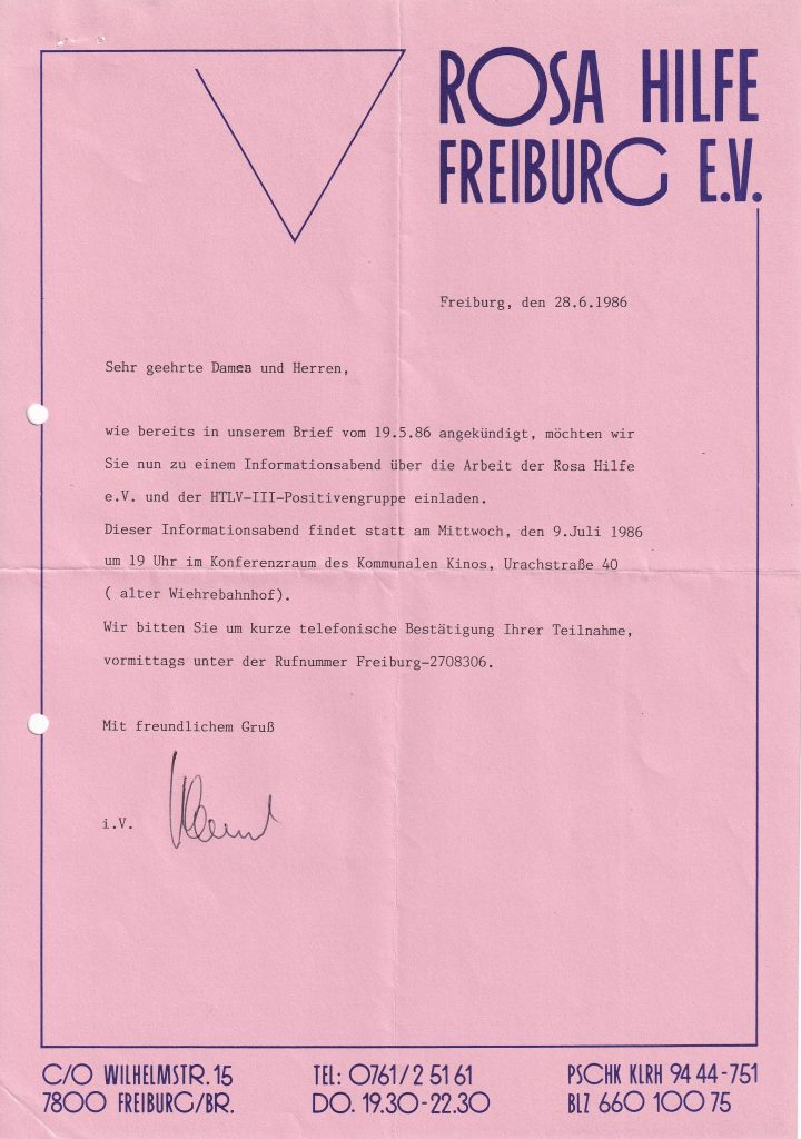 Ankündigung auf Rosa Hilfe Briefpapier, Text siehe Beitrag.