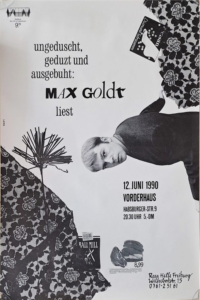 schwarz-weiß Plakat mit Text wie im Beitrag, außerdem Foto von Max Goldt mit kleineren Fotoelementen wie Spitze und Peitsche und Fleischwerbung