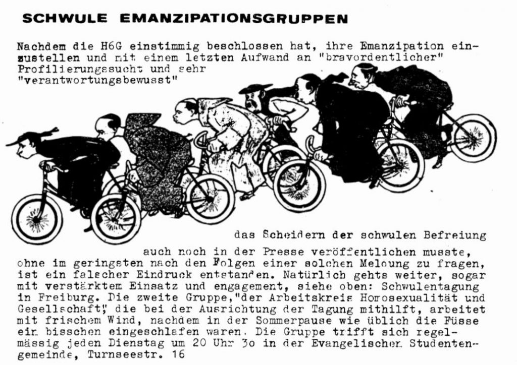 Textausschnitt, Überschrift: Schwule Emanzipationsgruppen, Illustration mit verschiedenen Personen in Priester/ Mönchsgewändern auf Fahrrädern hintereinander, Text in PDF