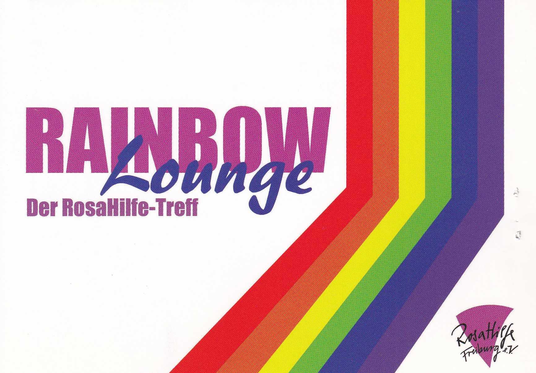 Flyer, zeigt in Pinker Schrift: Rainbow lounge, der RosaHilfe Treff, daneben großer Regenbogen und Rosa Hilfe Logo