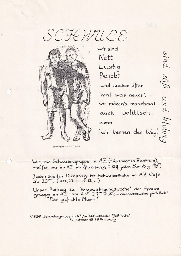 Flyer von 1984, zeigt Zeichnung zweier Männer, die sich aufeinander lehnen, Text siehe Beitrag