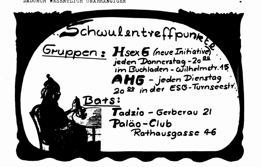 Infobild mit schwarzem Rahmen, zeigt eine gezeichnete Person an einem Tisch mit Getränk, text: Schwulentreffpunkte Gruppen : HsexG (neue Initiative) jeden Donnerstag 20.00 Im Buchladen Wilhelmstr. 15 AHG - jeden Dienstag 20.00 in der ESG-Turnseestr. Bars: Tadzio - Gerberau 21 Paläo-Club Rathausgasse 46