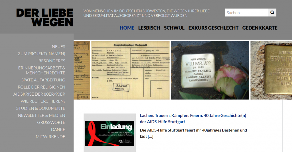 Screenshot der Startseite der Webseite der liebe wegen, grau gestaltet mit einigen Fotos von alten Dokumenten und Stolpersteinen