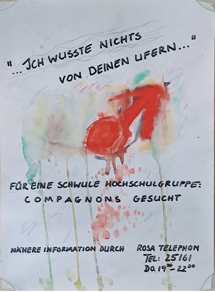 Wasserfarbenzeichnung mit Farbkleksen in sanften Farben und rotem Männlichkeitssymbol, Text siehe Beitrag