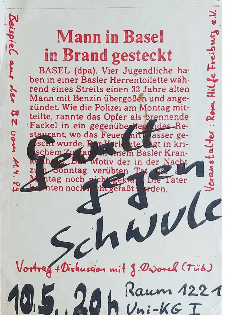 Plakat, Rot im Hintergrund Zeitungsartikel mit der Überschrift: ,,Mann in Basel in Brand gesteckt", Text siehe Beitrag
