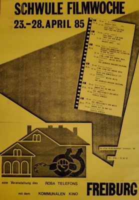 Poster Schwule Filmwoche 1985, gelbes Papier mit schwarzem Druck, zeigt großes auf der Spitze stehendes Dreieck, Umriss des kommunalen Kinos und Logo des Rosa Telefons