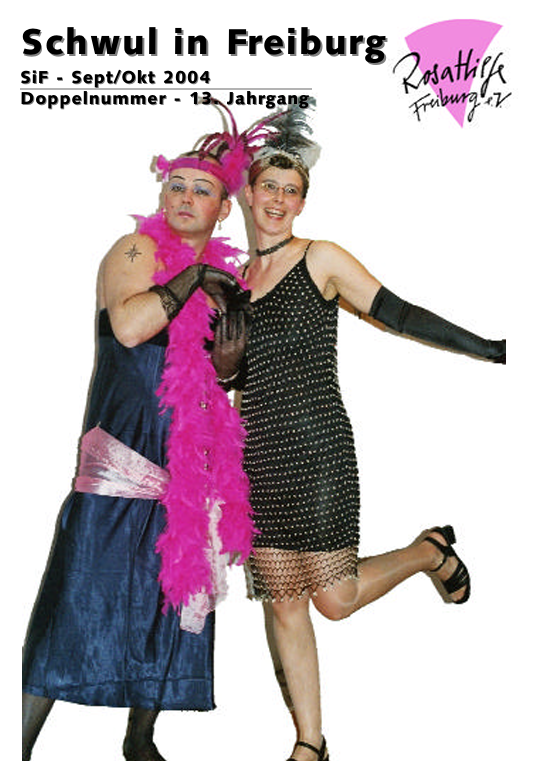Sif Titelblatt September 2004, weißer Hintergrund mit Logo der rosa hilfe, darunter zwei Personen in bunten drag outfits, die an die 20er Jahre erinnern.