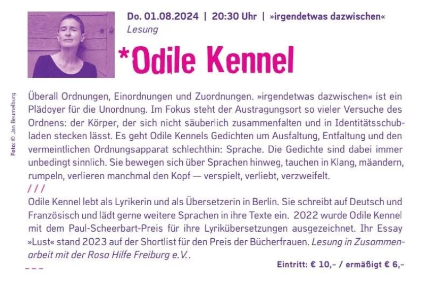 Ankündigung der Lesung mit Portraifoto von Odile Kennel, Text im Beitrag