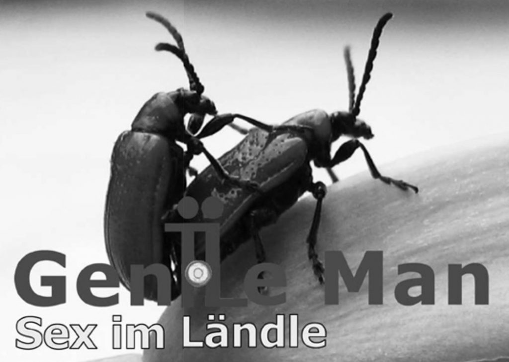 schwarz weißes Foto von zwei Käfern beim Sex, davor das Gentle man Logo (zwei stark stilisierte Strichmännchen in gleicher Position mit einem Kondom zwischen ihnen), darunter steht Sex im Ländle