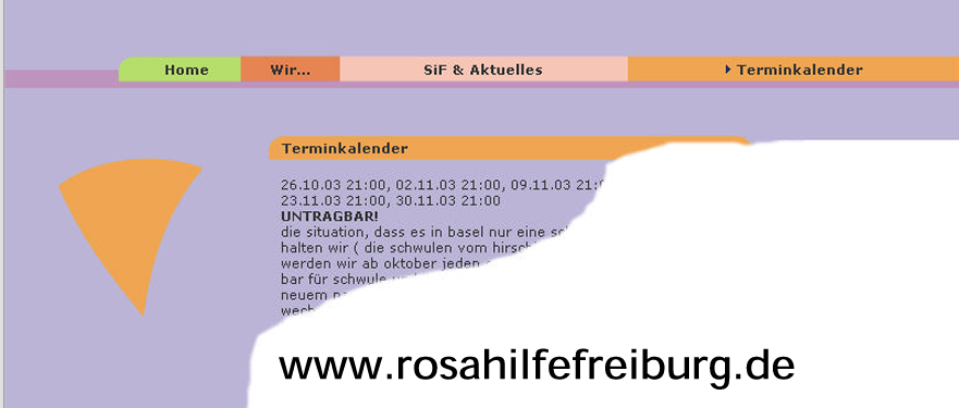 Screenshot von der Webseite, lila Hintergrund und oranges Dreieck als Designelemente, oben in gedeckten Farben die Reiter: Home, wir, sif und aktuelles, terminkalender
