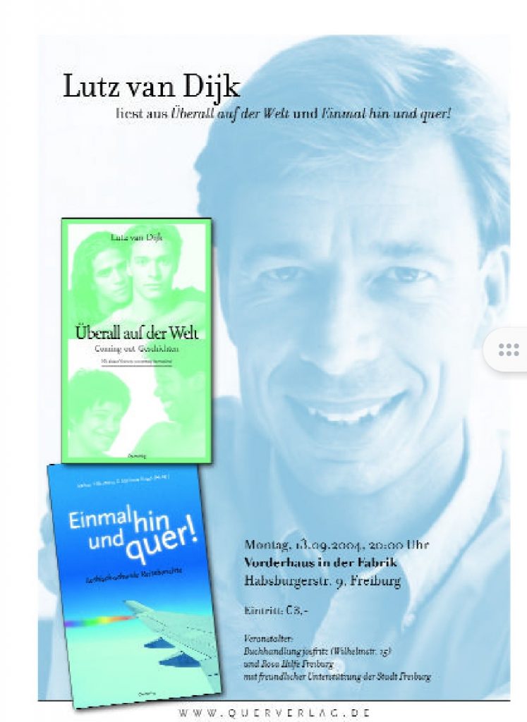 Anzeige zur Veranstaltung, zeigt den Autor in blassem hellblau, daneben seien beiden Bücher ,,Überall auf der Welt. Coming Out Geschichten" und "Einmal hin und quer!