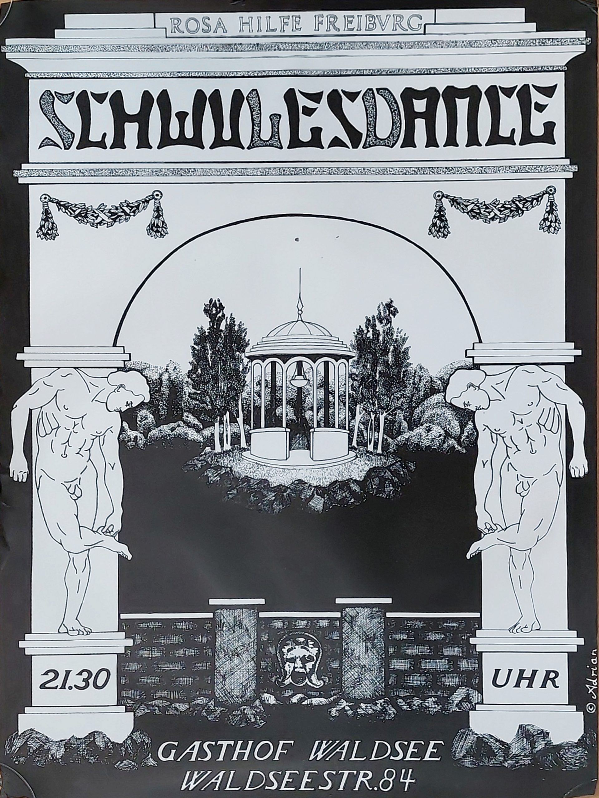 Poster für Schwulesdance in schwarz weiß, zeigt einen klassisch antik anmutenden Torbogen mit einem Pavillon im Hintergrund, an den Säulen zu sehen sind zwei nackte männliche Figuren.