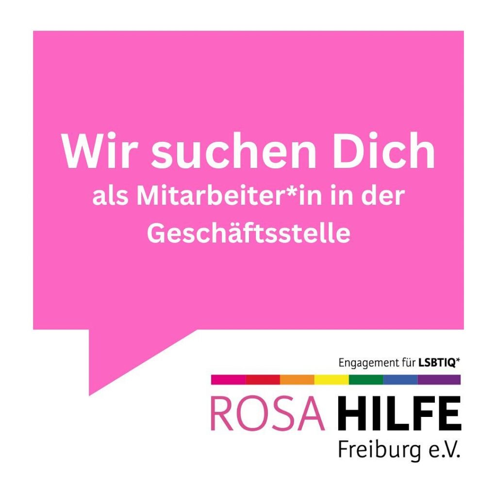 Instagram Beitragsbild, zeigt das Logo der rosa Hilfe und in einer pinken Sprechblase den Text Wir suchen dich als Mitarbeiter*in in der Geschäftsstelle