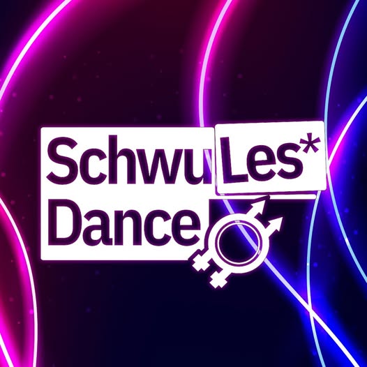 Schwulesdance Logo vor schwarzem Hintergrund mit neon pinken und blauen linien